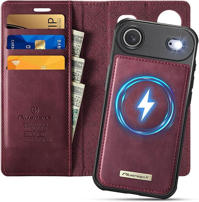 PlusnapX Wallet Case for iPhone Air Compatible with Magsafe, 2-in-1 PU Leather Flip RFID Blocking Card Holder Stand ShockAirof Magnetic Detachable Case for iPhone 17 Air Case 6.5", Burgundy