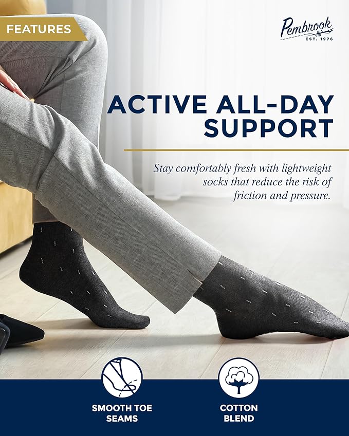 Pembrook Light Compression Socks for Men - 6 Pairs | 8-15 mmHg Graduated Compression Socks for Men 9-12 | Support Socks