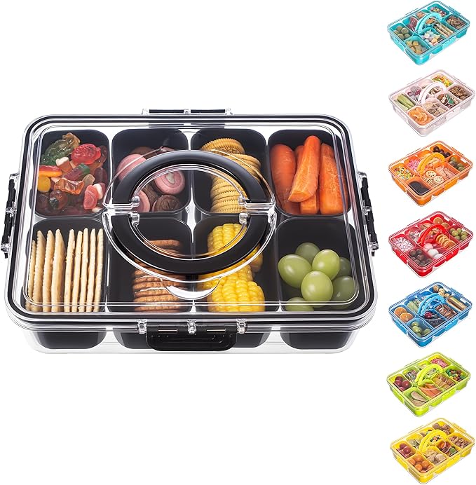 Divided Serving Tray with Lid and Handle - Snackle Box Charcuterie Container for Portable Snack Platters Organizer for Candy, Fruits, Nuts, Snacks - Perfect for Party, Entertaining, Black