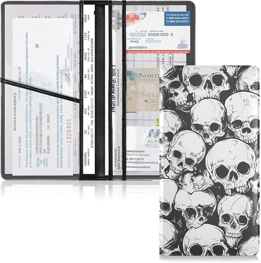 Bolaz Skulls Car Registration and Insurance Holder Leather Vehicle Document Glove Box Organizer for License Cards Accessories