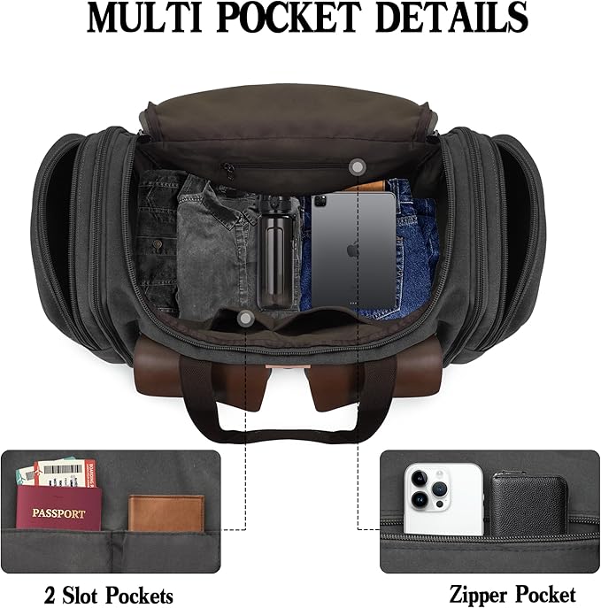 Canvas Duffle Bag for Men 50L Travel Duffel Bags Expandable Genuine Leather Overnight Weekender Carry On Bag Two Zipper Pockets Travel Bag (Black, Large-50L)