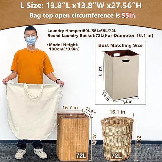 Canvas Laundry Bags with Handles & Square Base 13.8"x 13.8", Large Heavy Duty Laundry Hamper Bag, College Dorm Washable Drawstring Cotton Dirty Clothes Sack (Beige,1 Pack)