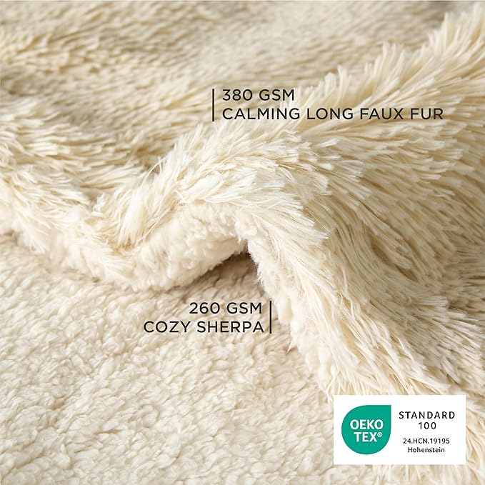 Bedsure Waterproof Dog Blankets for Large Dogs - Calming Cat Blanket for Couch Protector Washable, Long Faux Fur Pet Throw Blanket for Puppy, Reversible Furniture Protection, 40"x50", Cream