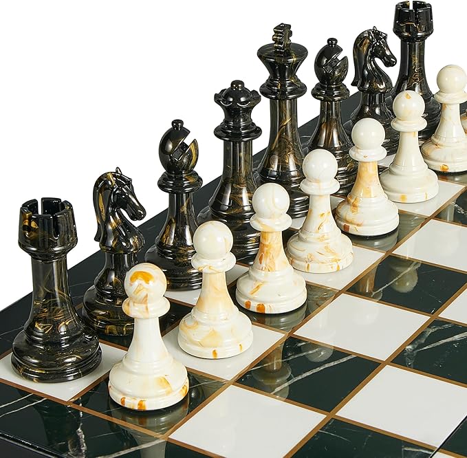 15" Large Chess Set for Adults with Extra 2 Queens, Weighted Acrylic Pieces-3.5" King w/Leather Base, Portable Folding Marbling Wooden Chess Board - Travel/Family Game & Elegant Gift