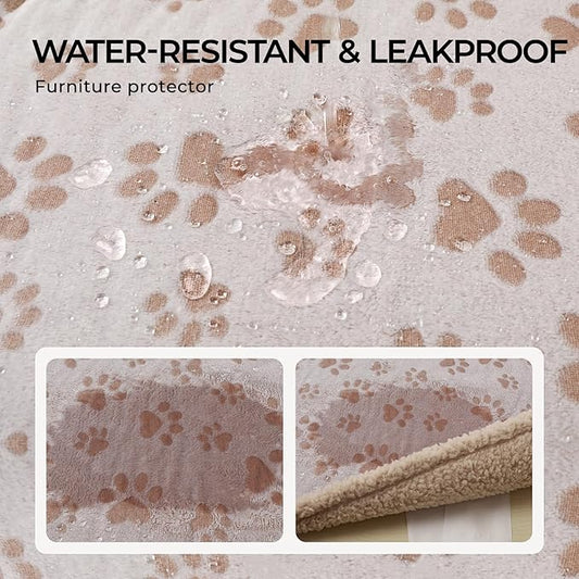 Luciphia Waterproof Pet Blankets Whith Paw Print for Couch Sofa Bed Cover, Liquid Pee Proof Soft Fluffy Dog Blanket Washable, Reversible Furniture Protection Puppy Cat, Khaki, Large（65" x 57"）