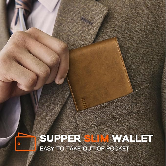 RUNBOX Wallet for Men Slim Leather Bifold RFID Blocking Minimalist Front Pocket Design with Gift Box