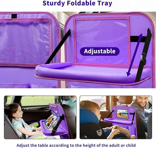 Etre Jeune Car Backseat Organizer with Tray, Seat Back Table Holder with 6 Storage Pockets, Car Seat Back Protectors Kick Mats Travel Accessories, 1 Pc Purple