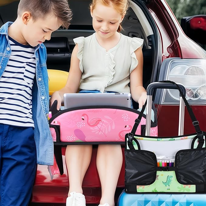 WENRENER 2PCS Kids Travel Tray, Car Seat Tray for kids Travel, Toddler Road Trip Essentials With Drawing Kit, Toddler Lap Desk Organizer for Car, Carseat Table for Airplane