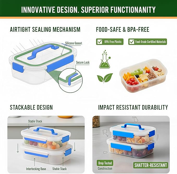 Li & Zhao Snackle Box Container - 4-Compartment Divided Snack Serving Tray with Silicone Handle, Perfect for Picnics, Leak-Proof, and Dishwasher-Safe Dressing Containers(Blue)