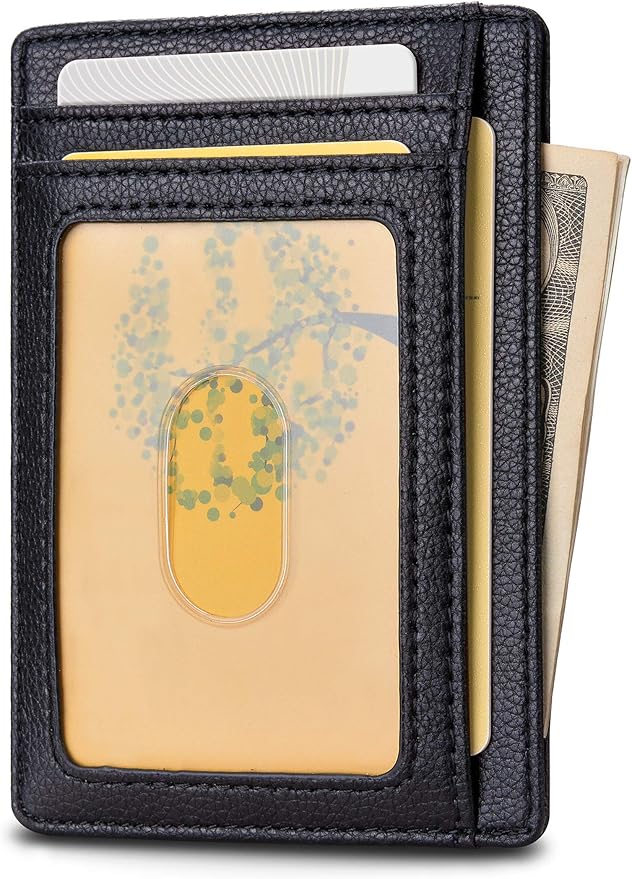 Buffway Slim Minimalist Front Pocket RFID Blocking Leather Wallets for Men and Women - Lichee Black