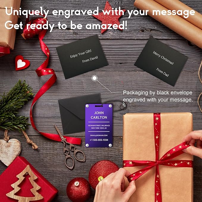 Personalized Luggage Tags for Suitcases - Aluminum Custom Luggage Tags for Backpacks & Bags, Sturdy, Waterproof & Heavy Duty (Purple/Card-Sized)