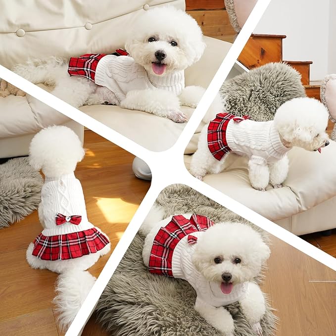 YUDODO Small Dog Sweater Dress with Bowtie Turtleneck - Knitted Pet Girl Dog Winter Clothes - Pet Warm Sweater for Puppy Yorkies, Chihuahua (L White)