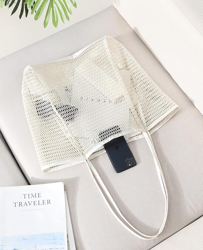 Iioscre Mesh Beach Tote Bags for Womens, Causal Hobo Pool Bags for Swimming Pools Vacations Beach Essentials