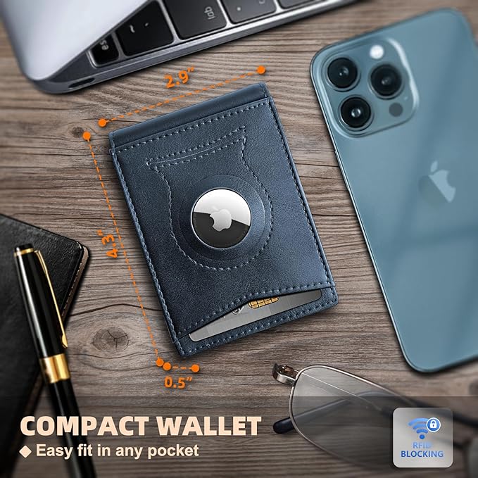 KS Mens Wallet Gift Airtag or Standard Use,Slim Front Pocket Leather Wallet Money Clip 11 cards RFID Blocking