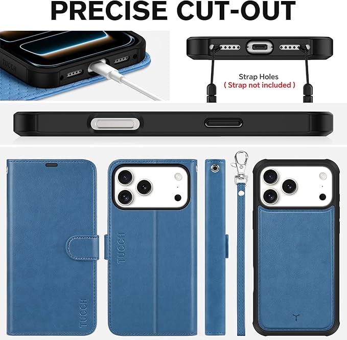 TUCCH Detachable Case Wallet for iPhone 17 Pro Max 6.9" 2025, Wrist Strap | 4 Card Slots RFID Blocking | Wireless Charging | Stand | 2-in-1 Magnetic | PU Leather | Shockproof Folio Cover | Light Blue