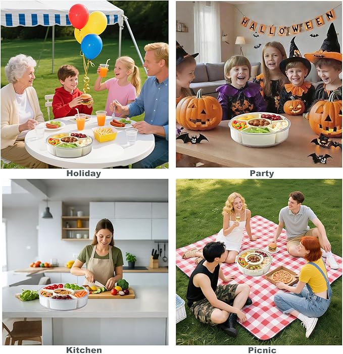 Rotating Divided Serving Tray with Lid and Handle,Snackle Box Container 6-Compartment,Round Snack Box Charcuterie Containers Snack Spinner,Snack Organizer Fruit Platter Veggie Tray for Christmas Party