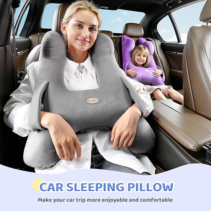 FLORICH Kids Travel Pillow, Car Sleeping Travel Pillow for Kids, Washable H-Shaped Pillow for Adults and Children to Support Head and Body for Road Trips Pillow for Car (Grey)