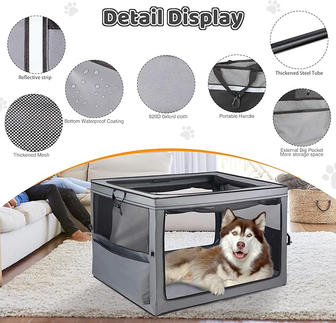Foldable Pet Crate for Dogs & Cats, Portable Soft-Sided Kennel with Oxford Fabric, Lightweight & Easy to Carry, Travel & Indoor Use, Extra Large