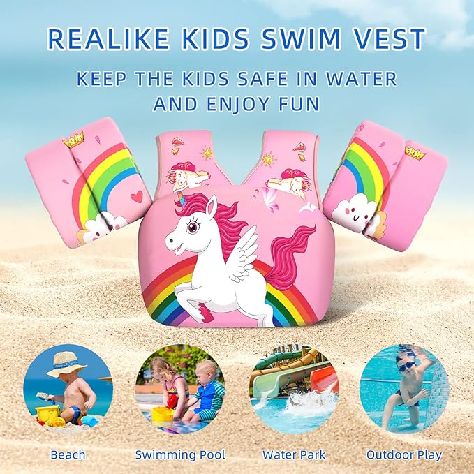 REALIKE Kids Swim Vest for Toddler Floaties Swimming Aids with Shoulder Harness Arm Wings for Children/Infant/Baby,Sea Beach/Pool/Lake, Suitable for 28-70lbs Boys/Girls