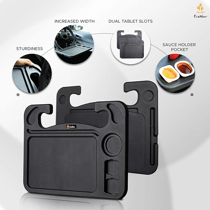 EcoNour 4 in 1 Car Steering Wheel Tray - 2024 Upgraded Tray with Dual Sauce Dip Holder and Tablet Holder | Spacious Steering Wheel Desk for Food and Laptop | Car Accessories (Large)