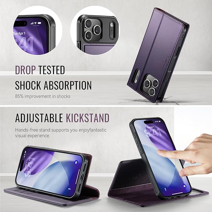 PlusnapX Wallet Case for iPhone 17 Pro Max Compatible with Magsafe, 2-in-1 PU Leather Flip RFID Blocking Card Holder Stand Shockproof Magnetic Detachable Cover for iPhone 17 Pro Max, Fashion Purple