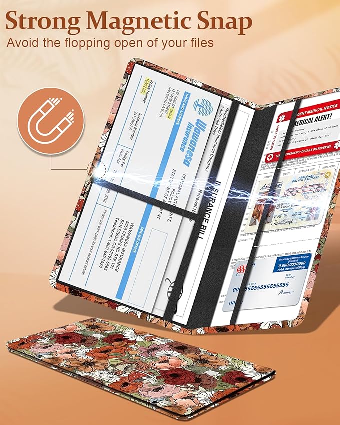 Slohif Car Registration and Insurance Holder - Flower Vehicle Glove Box Organizer Women with Magnetic Shut Leather Automobile License Holders Coasters Auto Accessories Case for Document