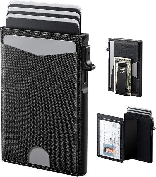 typecase Flip Pop Up Wallet for Men Card Holder: Smart Privacy & lD Display Mode, RFID Blocking, Slim Genuine Leather, Minimalist Front Pocket - 8 Cards Capacity | ID Window | Money Clip (Black)