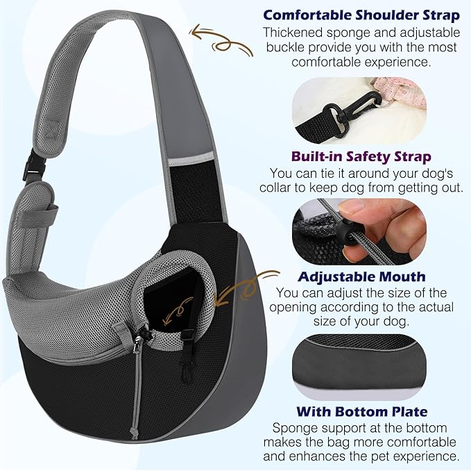 Pawaboo Pet Dog Sling Carrier, Hand Free Drawstring Dog Papoose with Adjustable Strap, Breathable Mesh Bag for Puppy Cat, Crossbody Satchel Dogs Purse with Pocket for Outdoor, Dark Gray+Black, Large