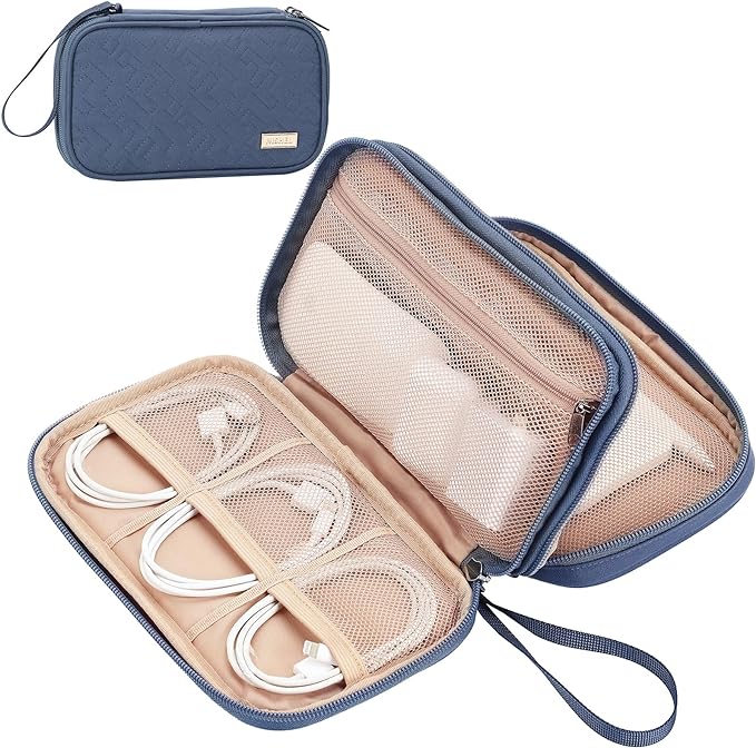 NISHEL Travel Cord Organizer Case, Double Layers Tech Electronic Bag, Essentials for Charger, Cable, Phone, Flash drive, Medium, Aegean-Blue