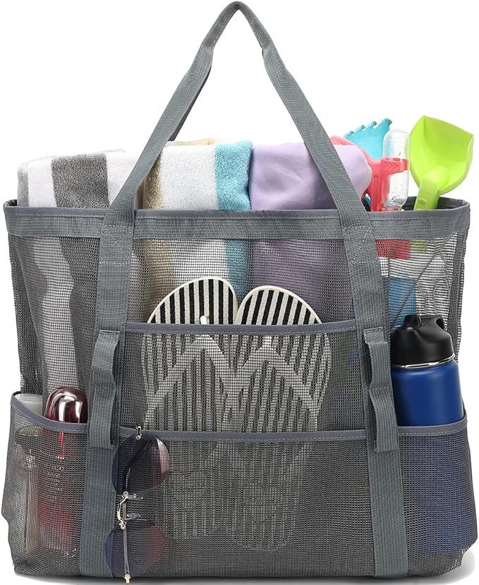 Mesh Beach Bag, Large Beach Tote with Zipper Pocket for Family Pool Bag for Toys & Vacation Essentials