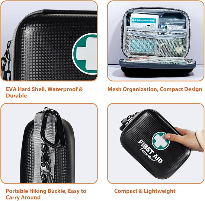 150 Pieces Mini First Aid Kit - Small Medical Kit with Hard Shell - Emergency First Aid Kit for Car, Travel, Home, Outdoor, Office, Camping, Hiking (Black)