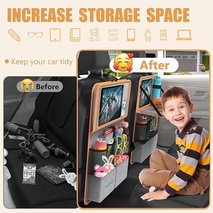Car Backseat Organizer with Tablet Holder,11 Storage Pockets with Foldable Food Tray, Protector Kick Mats for Kids, Travel Accessories Organizer (Orange, 2Pack with Food Tray)