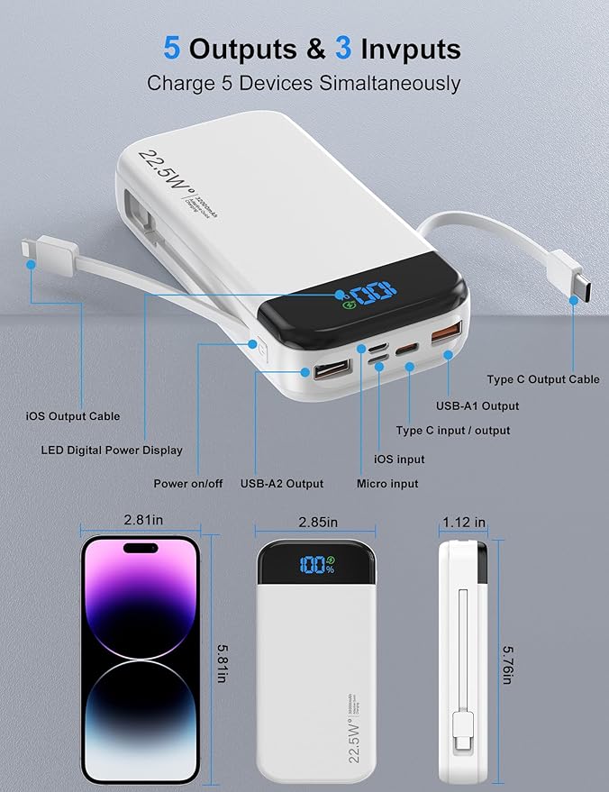 Portable Charger Power Bank 32000mAh with Built in Cables, PD3.0 USB C Fast Phone Charger, 5 Outputs LCD Display Travel Battery Pack Compatible with iPhone, Samsung All Cell Phones (White)