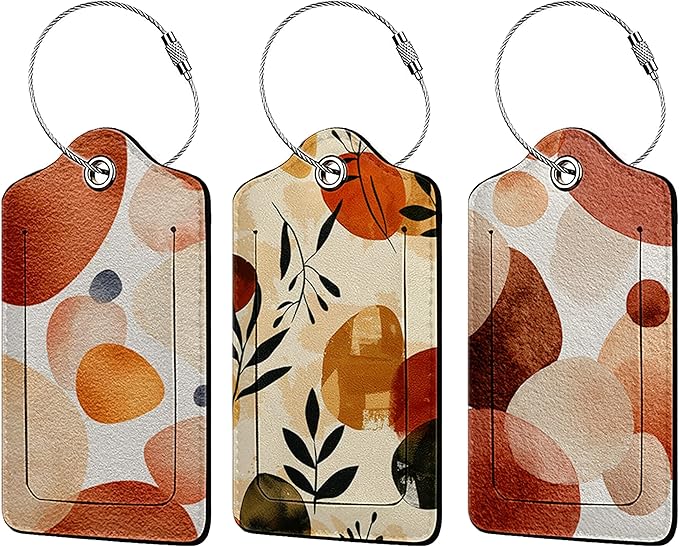 Abstract Boho 3 Pack Luggage Tags for Suitcases, PU Leather Baggage Suitcases Tag Name ID Label Privacy Cover Travel Bag Tags for Women Men Boys Girls
