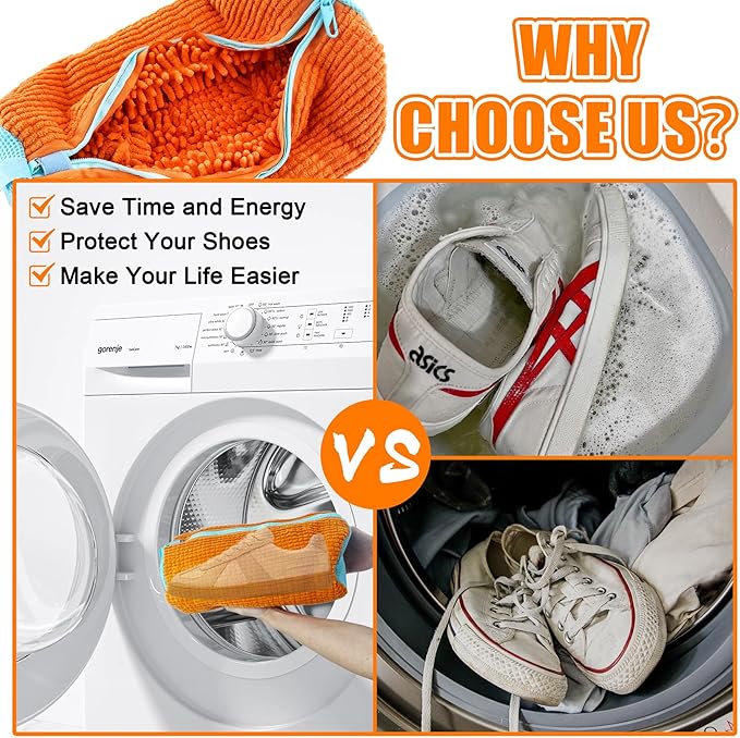 XXL Shoe Washing Machine Bag - 2-Pack Reusable Shoes Cleaning Bags, 360° Deep Clean for Sneakers, Tennis Shoes, and Slippers, Includes 2 Shoe Storage Dust Bags (Orange)