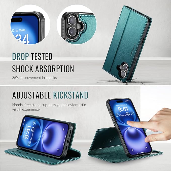 PlusnapX Wallet Case for iPhone 17 Compatible with Magsafe, 2-in-1 PU Leather Flip RFID Blocking Card Holder Stand Shockproof Magnetic Detachable Cover for iPhone 17 Case 6.3", Bluegreen