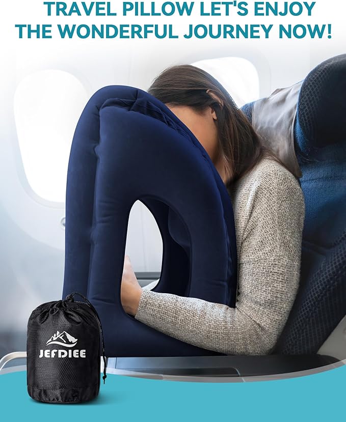 JefDiee Inflatable Travel Pillow, Airplane Neck Pillow Comfortably Supports Head and Chin for Airplanes, Trains, Cars and Office Napping with 3D Eye Mask, Earplugs and Portable Drawstring Bag (Blue)