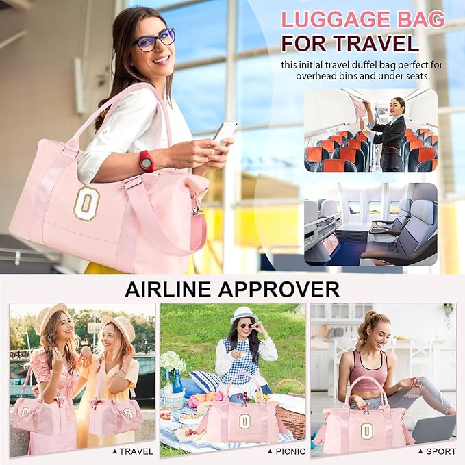 Dance Gym Duffel Bag for Teen Girls, Personalized Initial Travel Weekender Bag,Cute Overnight Carry On Duffle for Women,Sports Travel Cheer Bag,Monogram Christmas Gifts for Tween Preppy(pink-O)