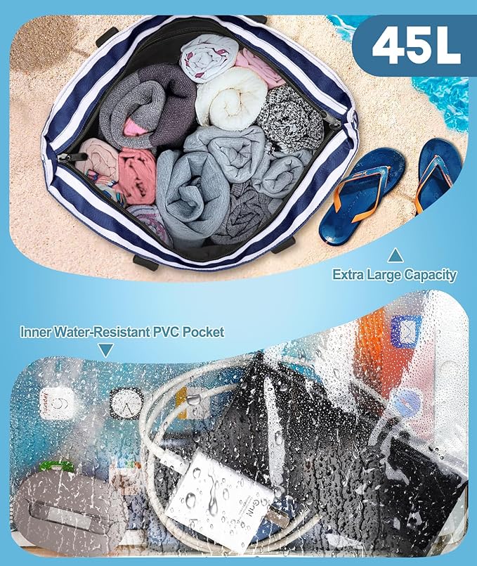 Extra Large Beach Bag Waterproof Beach Totes Bags for Women, Lightweight Foldable Pool Bag with Zipper Wet Compartment