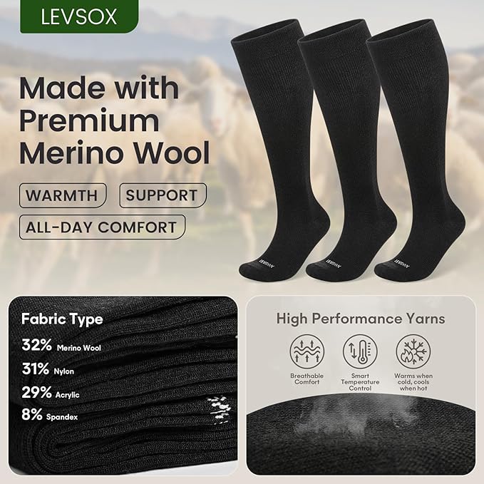 LEVSOX Merino Wool Compression Socks for Women & Men 20-30 mmHg Knee High Graduated Support Socks for Nurses Pregnancy Travel