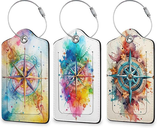 Colorful Compass 3 Pack Luggage Tag for Suitcase, Leather Bag Tags with Privacy Cover ID Label and Durable Steel Loop for Cruise Airport Travel