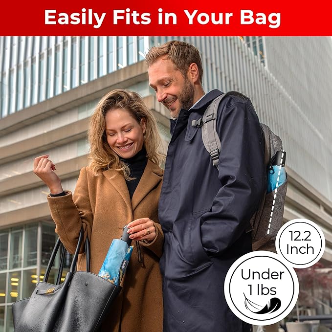 TUMELLA Flip-proof Inverted Travel Umbrella, Small Strong but Light Portable and Automatic Reverse Folding Rain Umbrella, Durable Premium Grip, Fits Car & Backpack