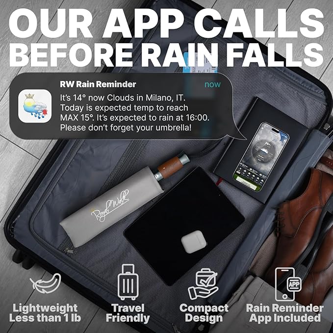 Royal Walk Windproof Folding Travel Umbrella Compact and Strong Luxurious Real Wood Handle Automatic Open Close Vented Double Canopy for Men and Women