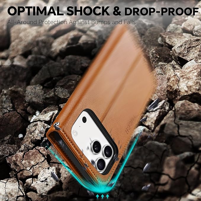 TUCCH Compatible with iPhone 17 Pro Max Detachable Wallet Case with 4 Card Holder, Wireless Charging PU Leather Flip Folio with RFID Blocking Stand Wrist Strap Shockproof Cover, Textured Light Brown