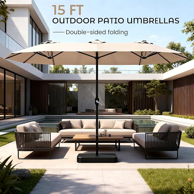 DomeShade 15ft Patio Umbrella with Base,Large Outdoor Double-Sided Rectangle Umbrella with Crank Handle, Market Umbrella for Poolside Garden Deck Backyard Beach Pools, Beige