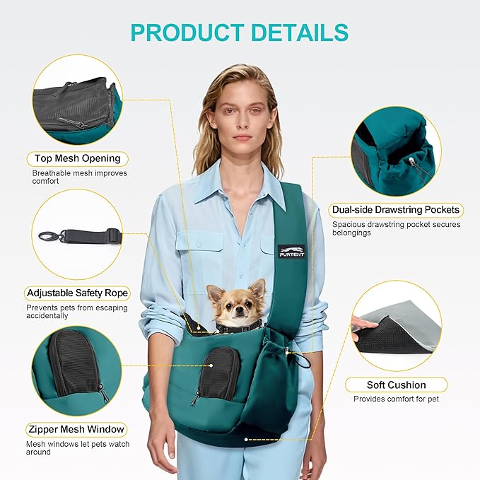 Dog Carrier Sling for Small Dogs & Cats Hand-Free Puppy Sling Purses with Storage Bag and Adjustable Shoulder Strap, Pet Sling Carrier Up to 8.8 Lbs (Blue)