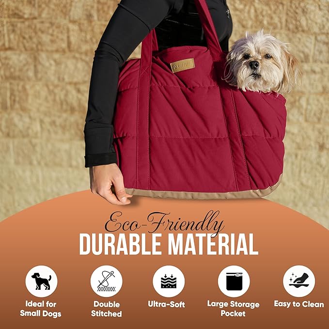NoblePup Plush Dog Purse Carrier for Small Dogs, Soft Dog Tote Bag with Safety Harness Clip, Cozy Pet Carrier for Dogs Under 15 lbs, Comfortable Dog Shoulder Carrier for Travel, Red