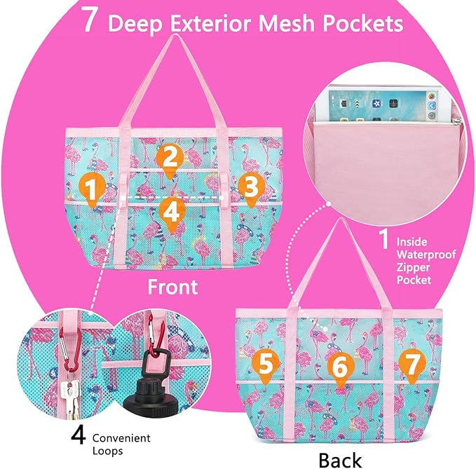 Mesh Beach Bag, Large Beach Tote with Zipper Pocket for Family Pool Bag for Toys & Vacation Essentials