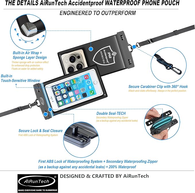 AiRunTech XL Waterproof Phone Pouch,Double Seal Floating Phone Case for Swimming Kayak Paddle Board,Protector iPhone 17 16 15 14 13, River Lake Canoe Boating Beach Accessories(Iridescent Pink+Black)