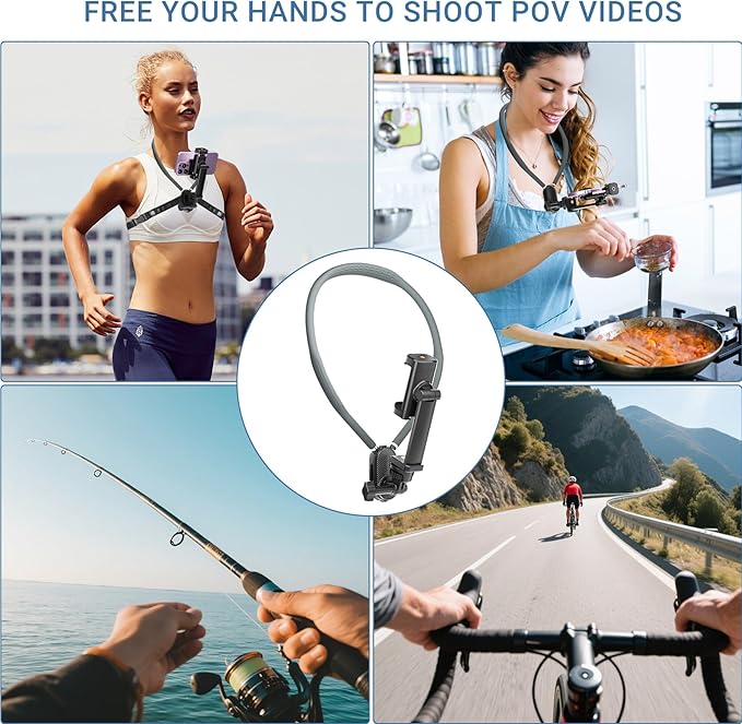 Neck Phone Holder for Go Pro/Video Recording, Wearable Hands Free POV/Vlog Selfie Mount with Chest Strap, 360°Adjustable Around Cell Phone Stand Compatible with iPhone16 15 14 13 12 Galaxy Android